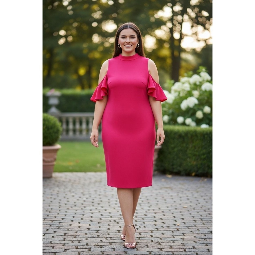 New York & Company Pink Cold Shoulder Ruffle Sleeve‎ Mock Neck Sheath Dress
